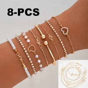 8PCS Bohemian Multi-layer Bracelets Set Exquisite Shiny Inlaid Rhinestone Hollow Heart Bracelets Elegant Women Stackable Imitation Pearl Bangle Versatile Daily Wear & Party Jewelry