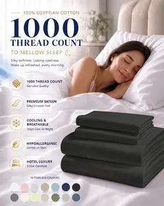 LANE LINEN 100% Egyptian Cotton 1000 Thread Count Silky Sateen Weave Sheet & Pillowcase Set, Naturally Cooling, Breathable, Ultra-Soft, Oeko-Tex Certified, 15" Deep Pocket Hotel Luxury Bedding