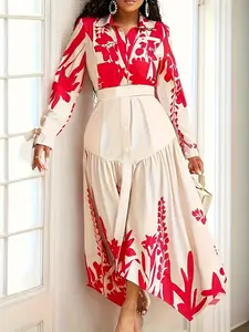 Plus Size Women's A-Line Midi Dress Wrap-Style Bohemian Look Floaty Printed Ruffled Tiered Skirt Casual Cotton Blend Fabric Button Hem Long Sleeves Lightly Stretchable Material Side Pockets Versatile Style Formal Beach Linen