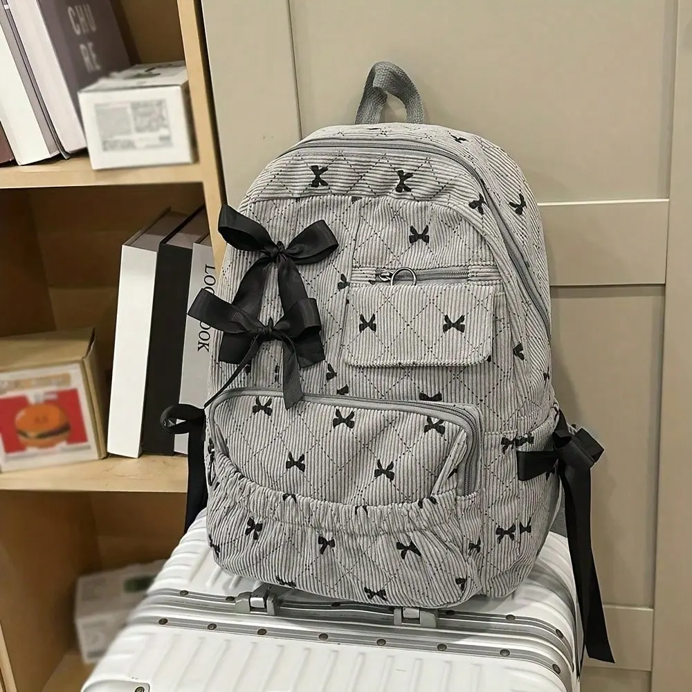 Large Capacity Versatile Backpack, Niche Korean Style High-End Bow Backpack New Corduroy Bow Backpack For Women