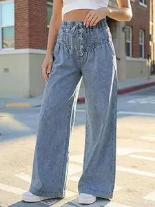 Tankaneo Drawstring Elastic Waist Wide Leg Jeans | Button Front Denim Pants for Women Casual Blue