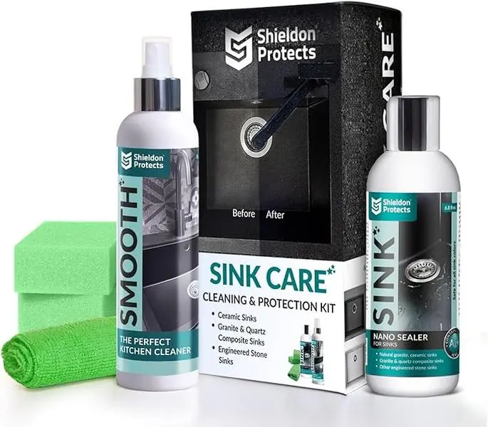 Kitchen Sink Cleaner & Nano Sealer Kit for Granite Composite, Ceramic, Quartz, Marble & Natural Stone Sinks | Unscented Sink Care Kit with Cloth & Sponges