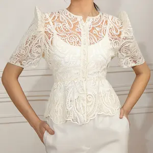 Elegant and Chic Filipina Women's Lace Cutout Camisole Short Sleeve Top - Perfect for Workwear