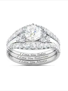 3PC/Set Classic Zircon Couple Rings, Bridal Rings, For Women All-match Wedding Engagement Ring Ladies Jewelry for Party Daily Clothing Decor Accessories as Anniversary Valentine's Day Gift for Girlfriend