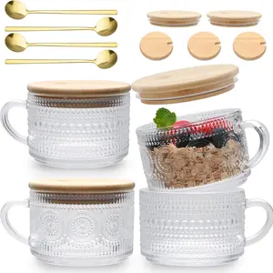 Coffee Mugs 4pcs Set, Vintage Tea Cups with Bamboo Lids and Spoons, 14 Oz Iced Coffee Glasses, Ideal for Cappuccino, Latte, Tea Drinkware Aesthetic