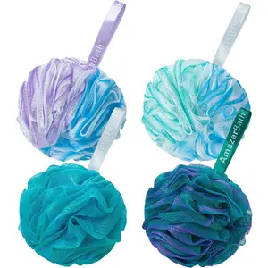 Amazerbath Loofah Sponge 75G/Piece, Exfoliating Bath Sponge Body Scrubber - Loofa Set of 4 Flower Color (Large, Green-Purple) AmazerBath