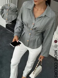 Women's Elegant Solid Color Pleated Waist Fitted Woven Shirt, Long Sleeve Button Front Collared Blouse, Office Wear, Casual Fashion Top