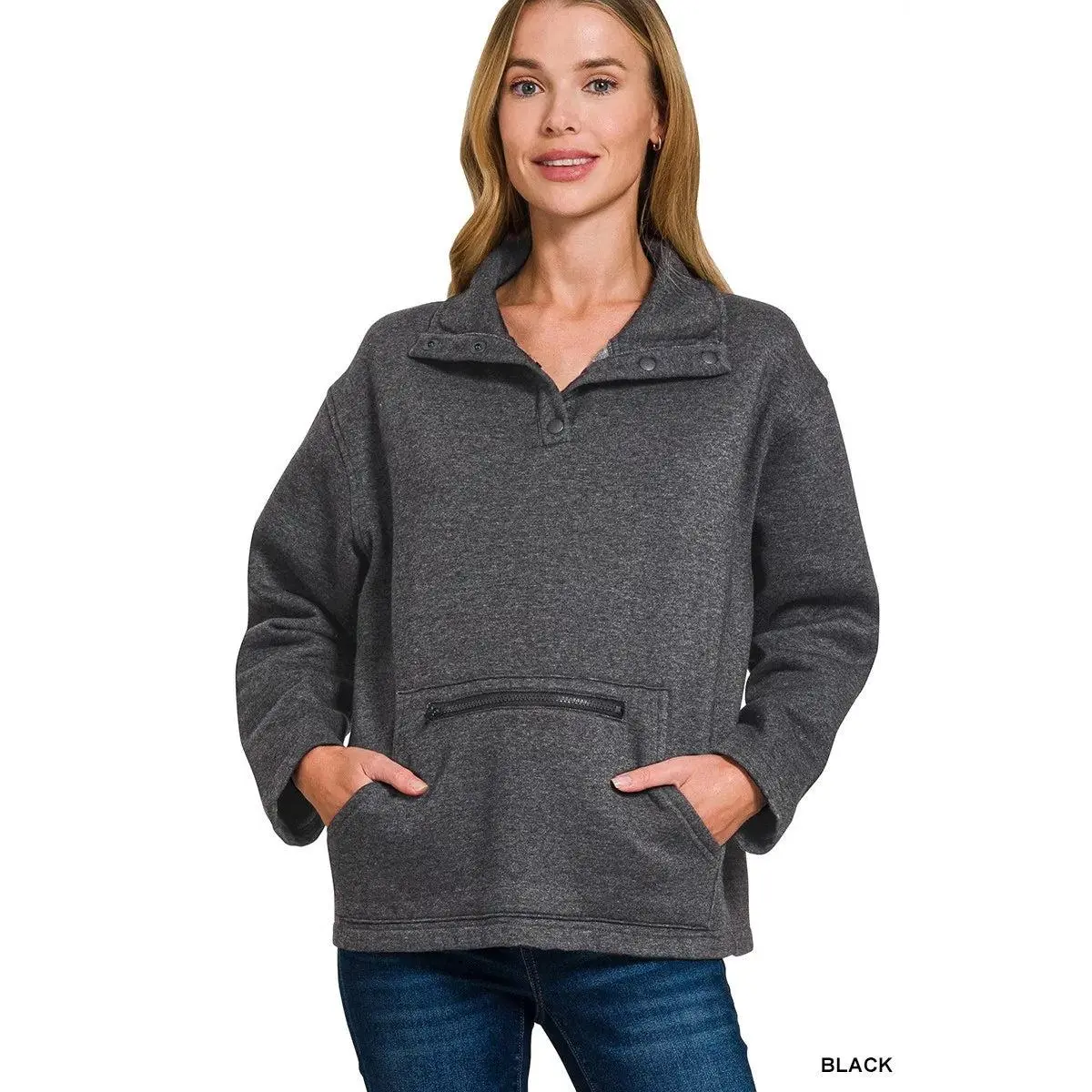 Zenana Fleece Washed High Neck Kangaroo Pocket Sweatshirt