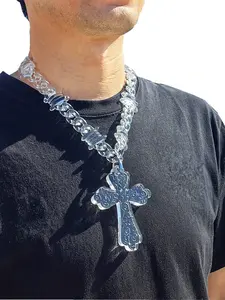 1pc Mens Cross Pendant Necklace with Transparent Multicolor Acrylic Thorn Chain, Statement Fashion Jewelry