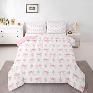 Feelyou Bow Quilt Bedding Set - Girly Blush Pink Floral Coquette Queen Set with Bowknot Duvet Insert, Bow Tie Ribbon, Heart Shape, Floral Blanket for Girls, Multi-Size Princess Bedroom Use