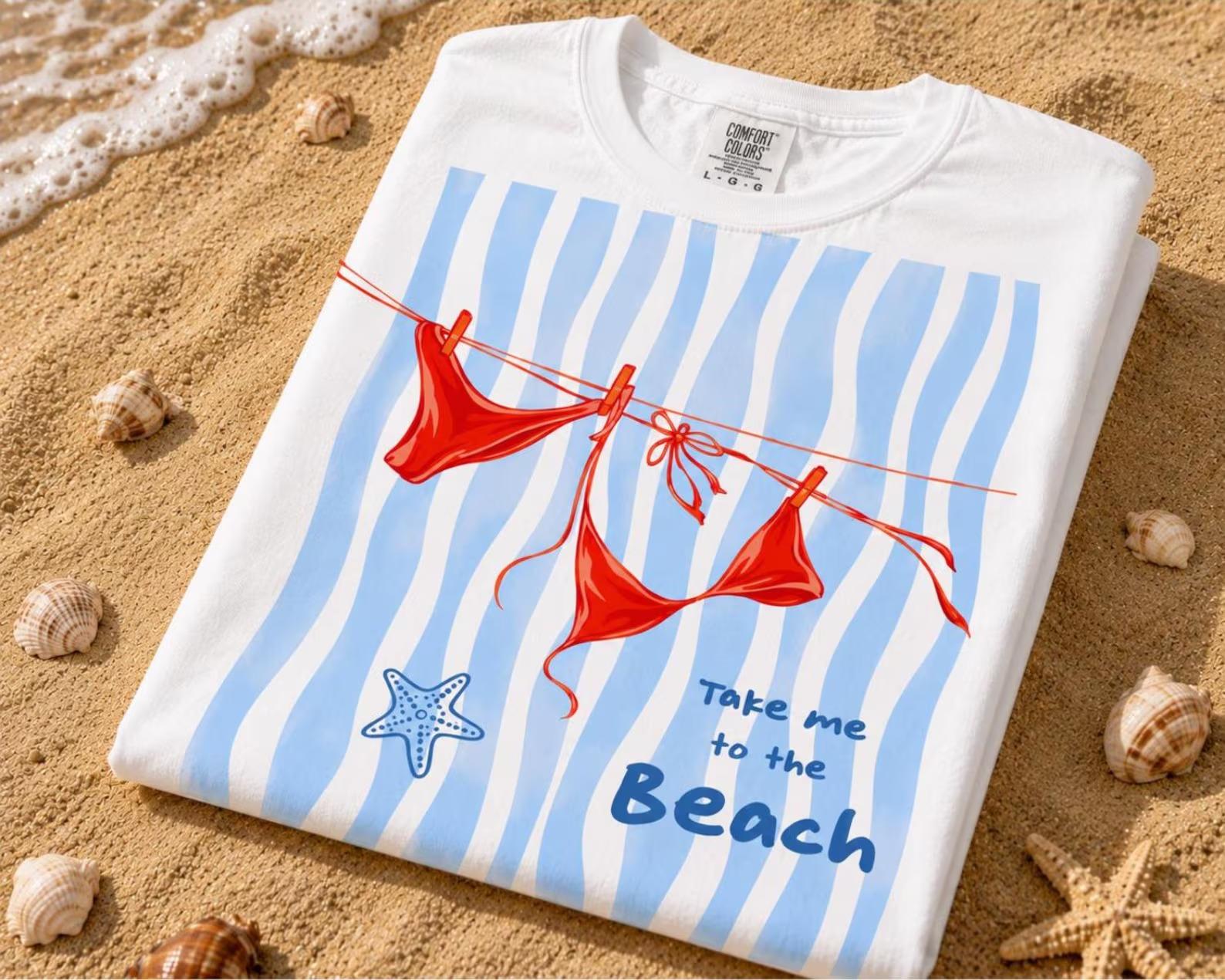 Oversized Graphic Tee, Coastal Bikini Line Art Summer Shirt, Take Me to the Beach