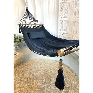 Handmade Woven Black Hammock With Wood Spreaders | 100% Cotton Canvas Hammock -  Indoor Luxury Woven Hammock