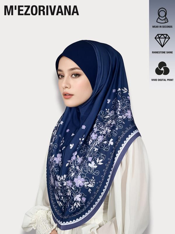 Muslim Headscarf Stretchy Hijab with Floral Print and Gemstone Accents, Multiple Colors Available, Chiffon Fabric, Comfortable Hat Brim, Ideal for Ramadan