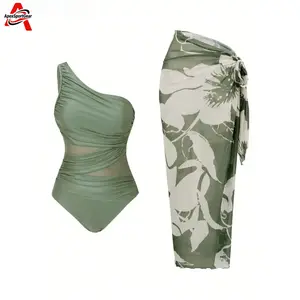 2026 Women's One Shoulder Mesh One Piece Swimsuit with Skirt, Boho Vintage Pleated Bathing Suit, Tummy Control Slimming Swimwear for Vacation, Cruise, Pool Party & Summer Beach