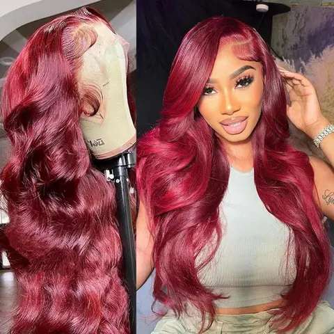 Women's Bling 99J Burgundy 13x6 Lace Front Wig, 100% Human Hair Silky Brazilian Body Wavy Colored Glueless Heat-Friendly Clearance Wig