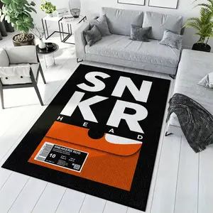 Black Orange Sneaker Box Letter Print Crystal Velvet Area Rug Non-Slip Bedroom Rug #SneakerBoxRug #BedroomFloorDecor #BigLetterPrintRug #FashionStreetCarpet #CrystalVelvetRug
