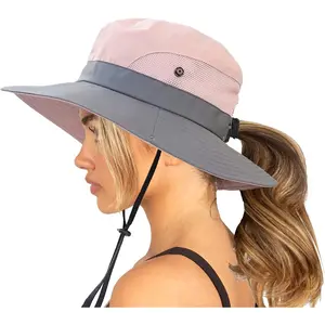 Womens Summer Sun-Hat Outdoor UV Protection Fishing Hat Wide Brim Foldable-Beach-Bucket-Hat with Ponytail-Hole