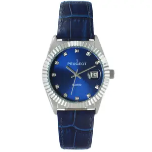 Peugeot Women's 36mm Blue Fluted Bezel Watch with Leather Strap