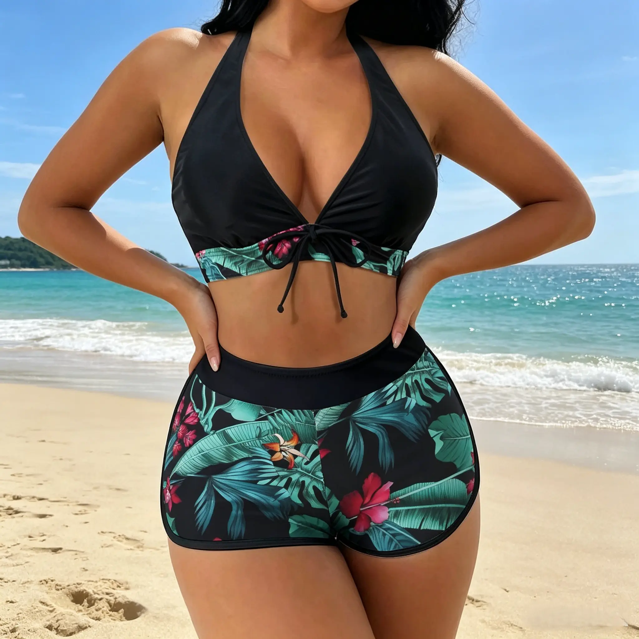 Women's 2-Piece High-Waisted Tankini Set - New Arrival, Quick-Dry Tropical Boho Floral Print, Halter Tie-Front Top, Tummy Control High-Cut Swim Shorts, Surfwear for Beach Vacation & Pool Parties