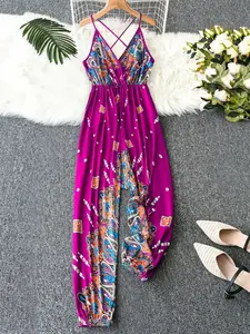 Boho Style Vacation Rose Strapless Cross Back Ethnic Print Loose Fit Ruched Jumpsuit, Women's Casual Summer
