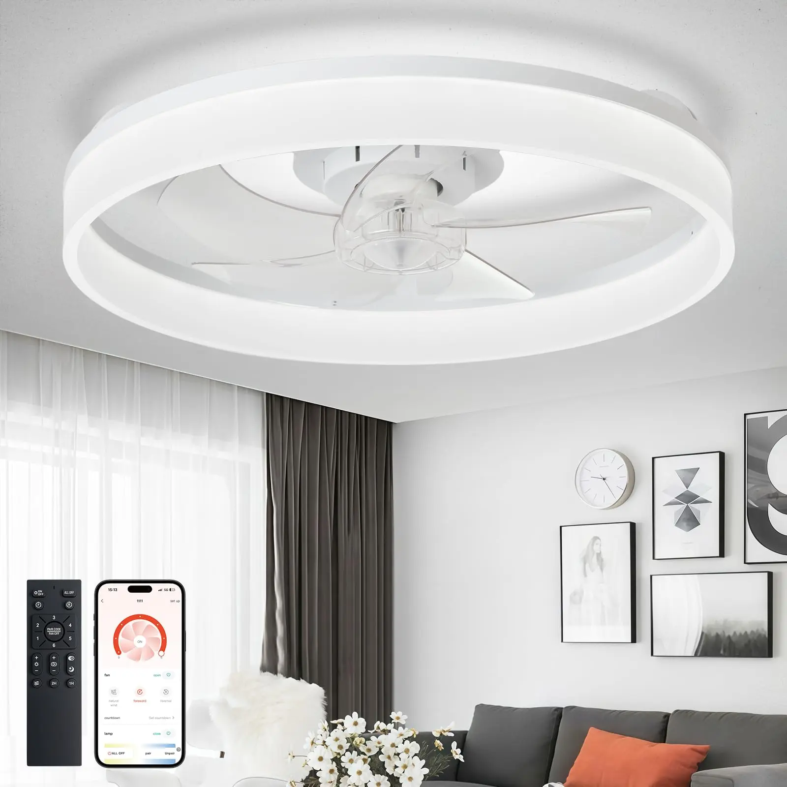 Modern Ceiling Fans with Lights: 23" Flush Mount Low Profile Ceiling Fan with APP Remote Control - White LED Bladeless Fandelier Dimmable Quiet DC Motor for Bedroom Living Room Low-profile ceiling fan with lighting and remote control features, compatible