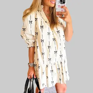 Dear-Lover Women's Plus Size Beige Bowknot Printed Bubble Sleeve V-Neck Mini Dress, Casual Elegance Sophisticated Feminine Vibe with Whimsy Charm, Alternative Short-Sleeve Option