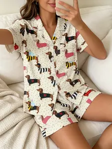 Women's Short Sleeve Button Down Top and Shorts Pajama Set, Spring Summer Wear, For Dachshund Lovers, Cream Base Dachshund Polka Dot Print, Classic Lapel Collar, Loose Fit, Comfortable, Loungewear, Pjs, Loungewear Sleepwear Set