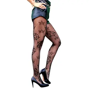 Pentagram Fishnet Tights Grunge Goth Star Pattern for Alt Fashion Halloween Bold Witchy Vibes Sheer Black Mesh Stockings