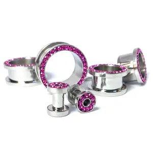 PAIR Fuchsia CZ Gem Rimmed 316L Surgical Steel Screw Fit Tunnels Plugs Gauges