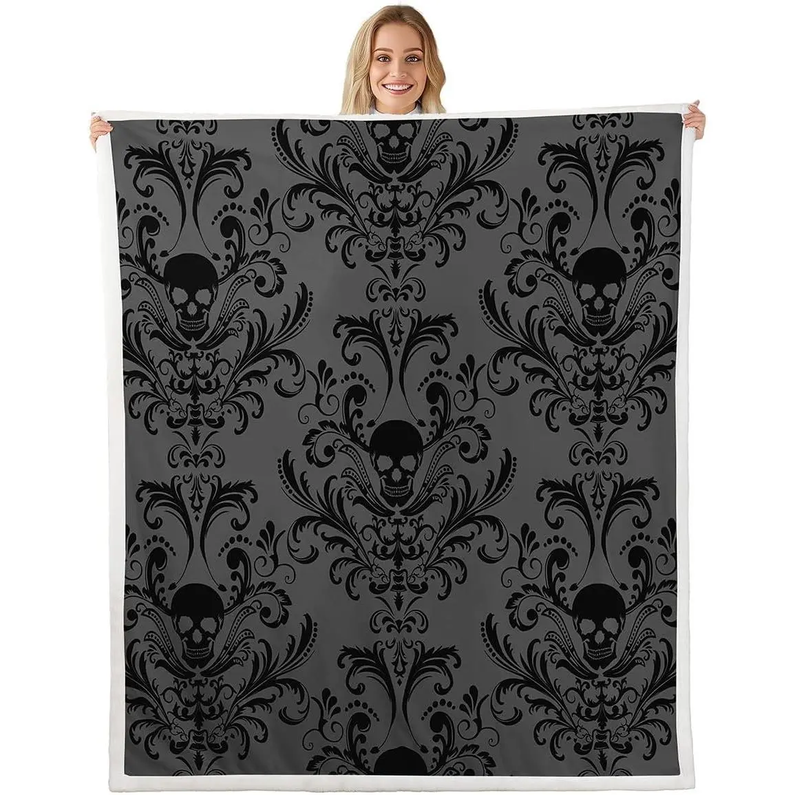 Adults Black Damask Throw Blanket Antique Victorian Baroque Blanket Gothic Vintage Floral Fleece Blanket Exotic Sugar Skull Blanket,Gothic Bone Skeleton Bohemian Decor,Grey