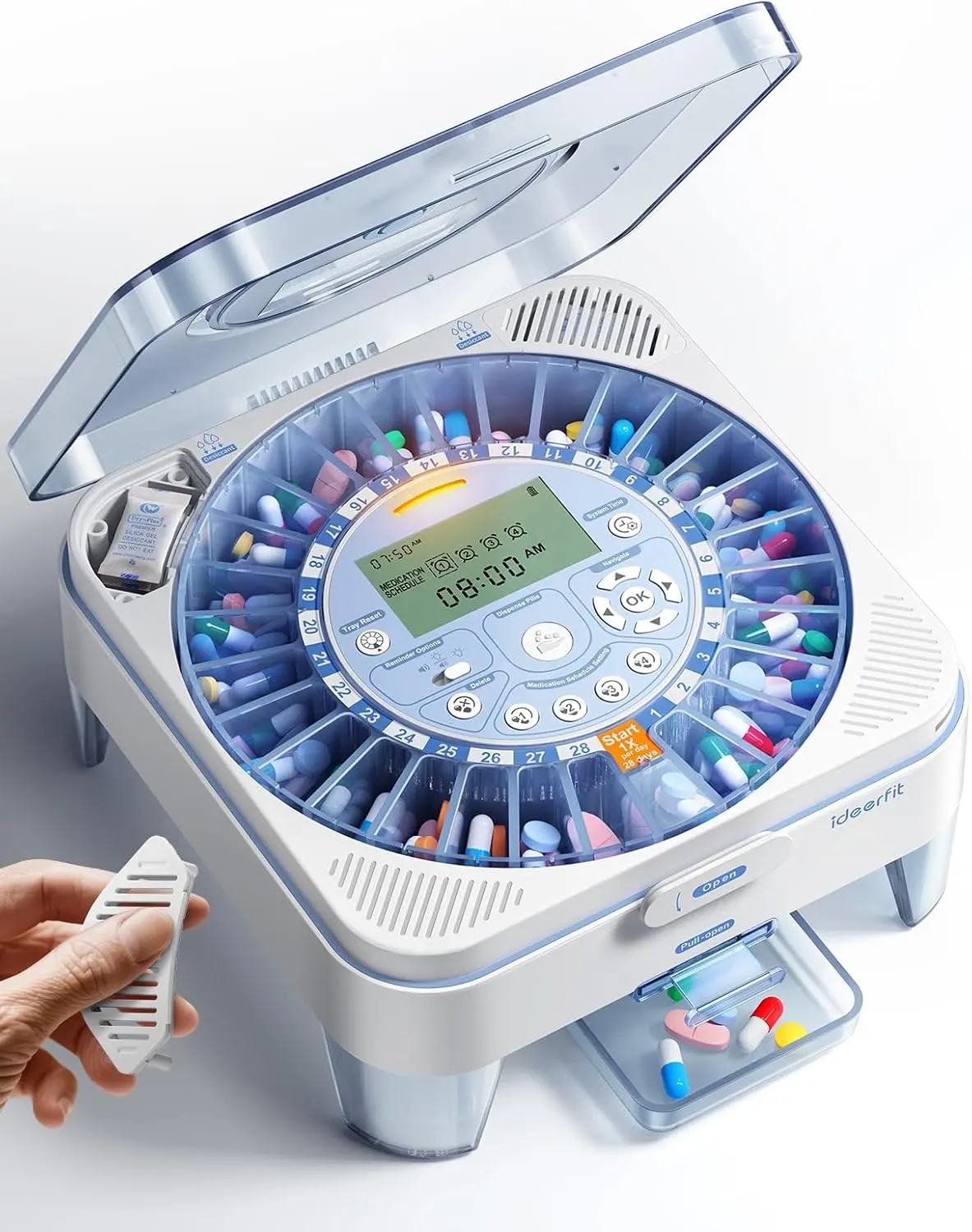 Ideerfit 28-Day Automatic Pill Dispenser - 1-Tray 1-Press Daily Dispense (No App Support), Slide-Door Cup, Sound & Light Alerts, Moisture-Proof Dual Desiccants, Large Compartments with Capsule Slots for Tablets, Pill Organizer