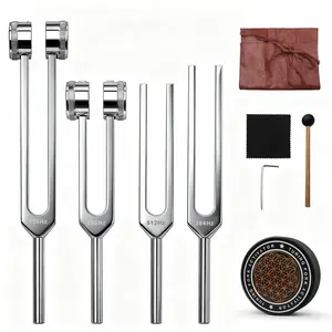 Tuning Fork Set 128hz 256hz 384hz 512hz, Professional Sound Therapy Percussion Instrument Kit with Wooden Hammer, Rubber Activator, Leather Case, Hex Wrench, Cleaning Cloth
