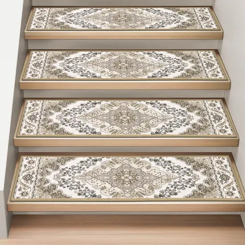 [FallDealsForYou] HEBE Self-Adhesive Flat Weave Floral Print Traditional Carpet Stair Treads (15Pcs, 8"x30"), Indoor Peel-and-Stick Anti-Slip Grip for Wooden Steps, Sturdy, Easy to Install, Reusable, Cleanable, Wrinkle-Resistant, Ideal for Room Decor