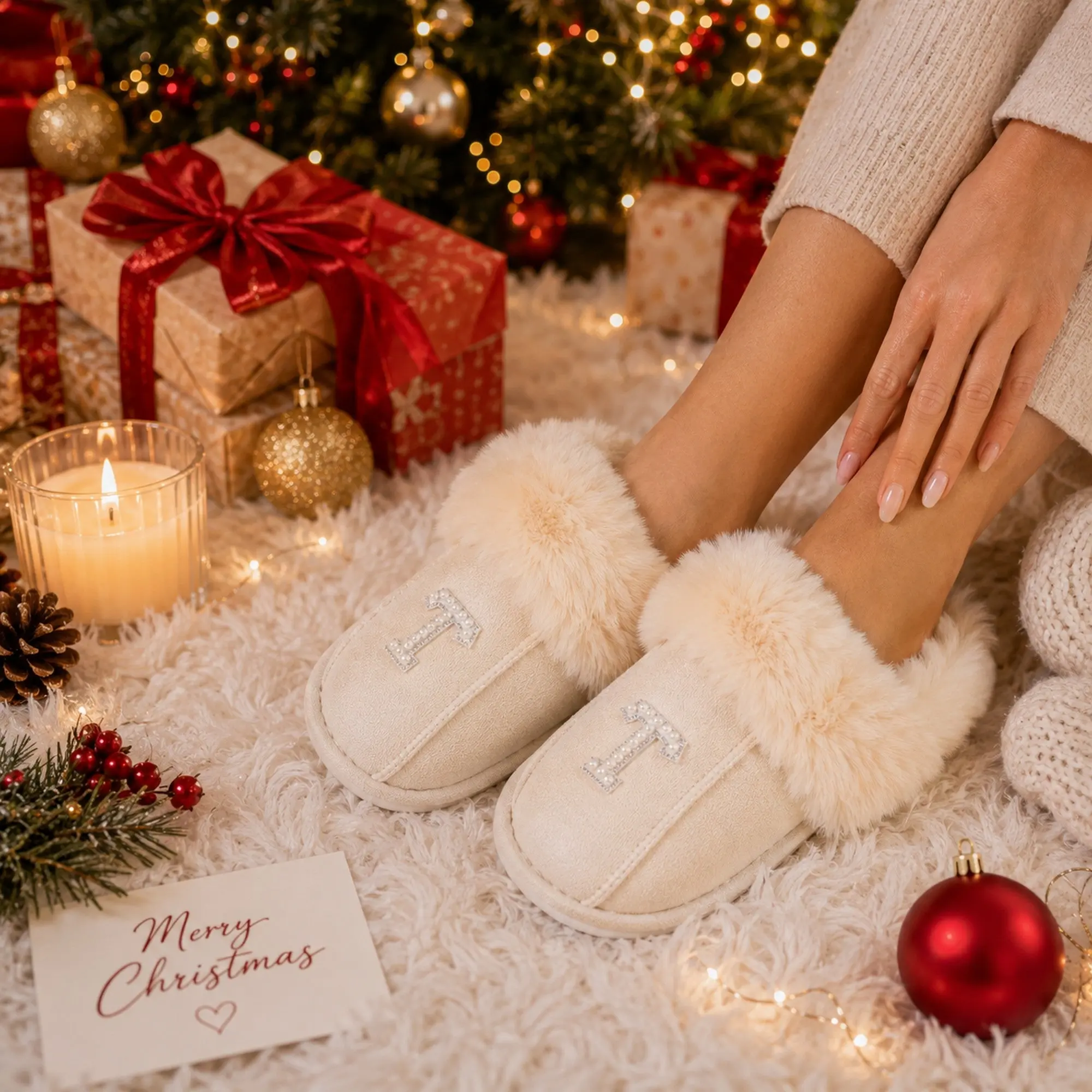 Christmas Slippers – Initial Cozy Faux Fur Holiday Slippers