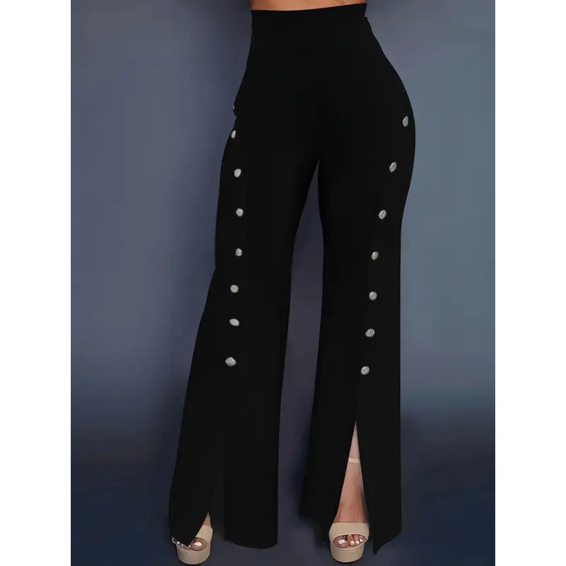 2026Women's Solid Color Button Decorated Flared Pants, Suitable for Daily Wear Clothes Womenswear