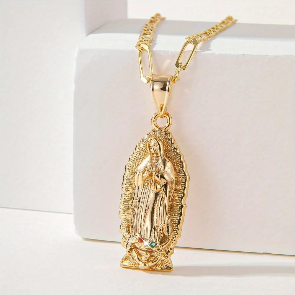 Unisex Gold-Plated Holy Mother Pendant Necklace with Figaro Chain, Dainty Christian Religious Jewelry, Faith-Inspired Gift