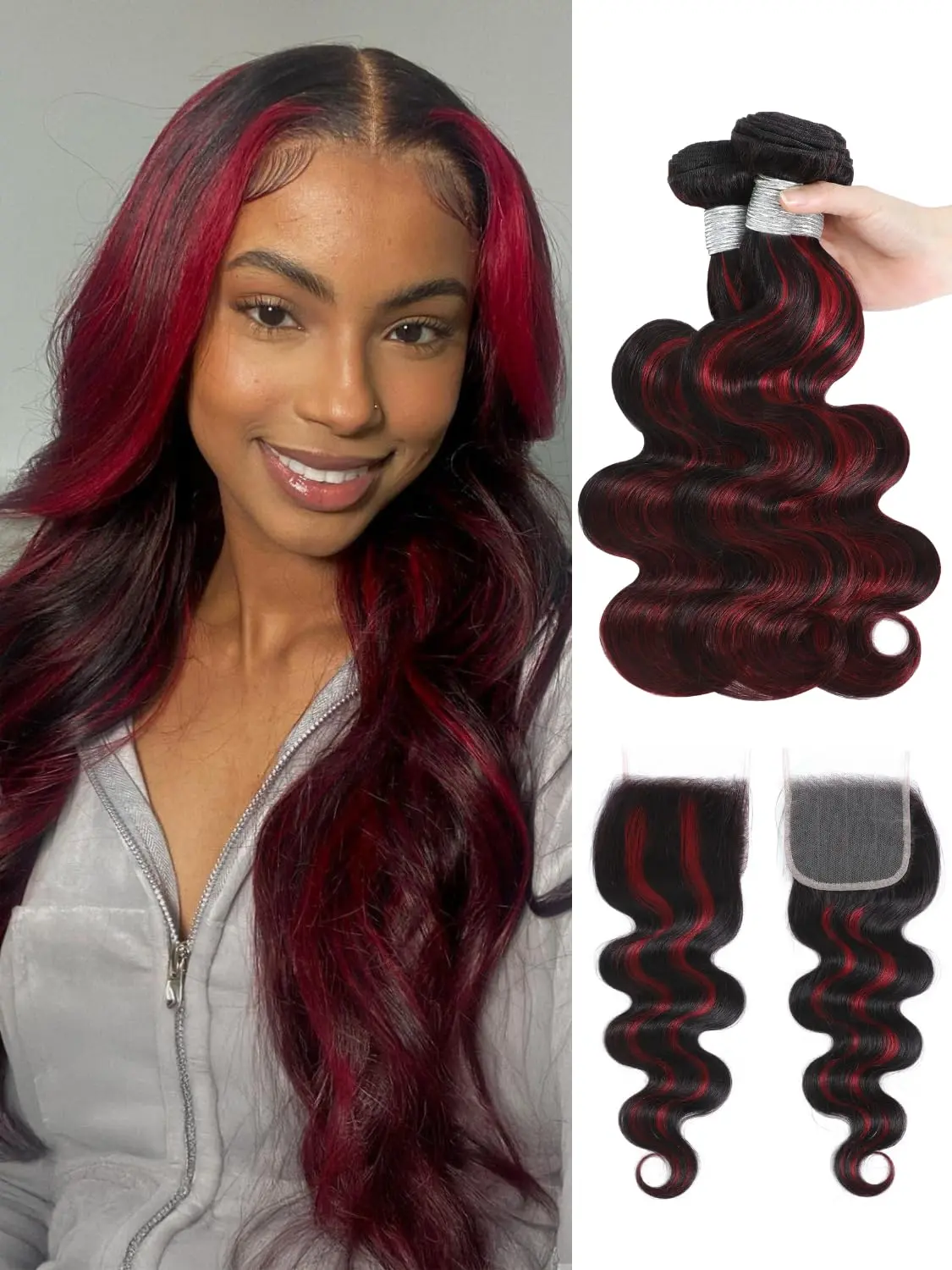 AUROO Human Hair Extensions, 99J Burgundy Highlight Body Wave Brazilian Remy Hair, 3 Bundles with 4x4 HD Transparent Lace Closure, Silky Soft, Ombre Highlights, 95 ± 5 Grams