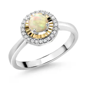 Gem Stone King 925 Silver and 10K Yellow Gold Gemstone Birthstone and White Lab Grown Diamond Halo Engagement Ring For Women | Round 5MM and 1MM | Wedding Anniversary Promise Ring | Sizes 5, 6, 7, 8, 9