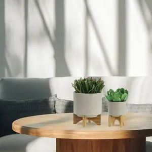Sagebrook Home Set of 2 Ceramic Planters - 5" & 8" Contemporary Matte Beige Planters on Bamboo Stand - Simple Design For Indoor or Outdoor Plants, Succulents