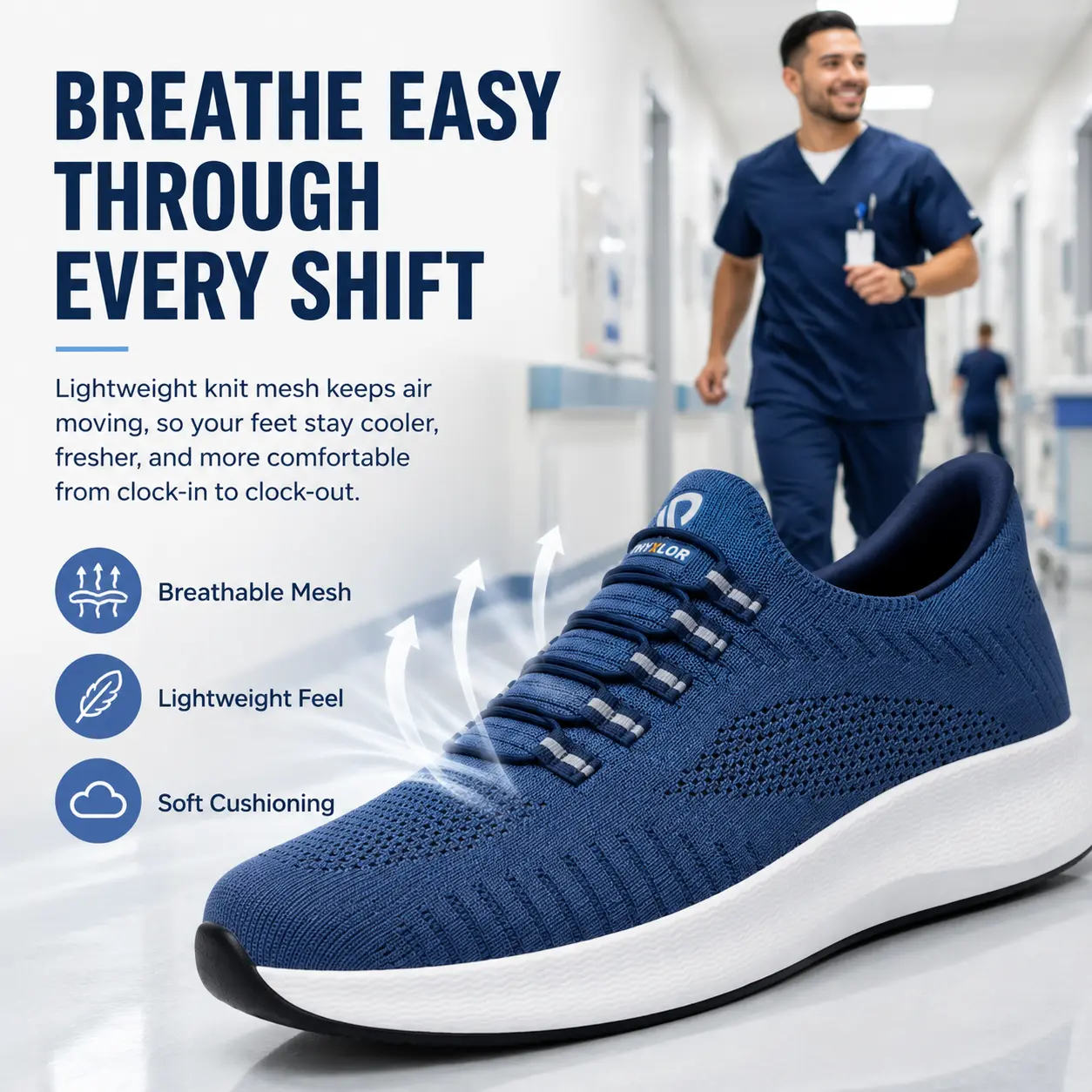 Men's Blue Knit Fabric Breathable Casual Trainers - No-Tie Elastic Laces, Arch Support, Cloud Cushion, Lightweight Footwear for Daily Outdoor Walking, Casual Wear Walking Shoes
