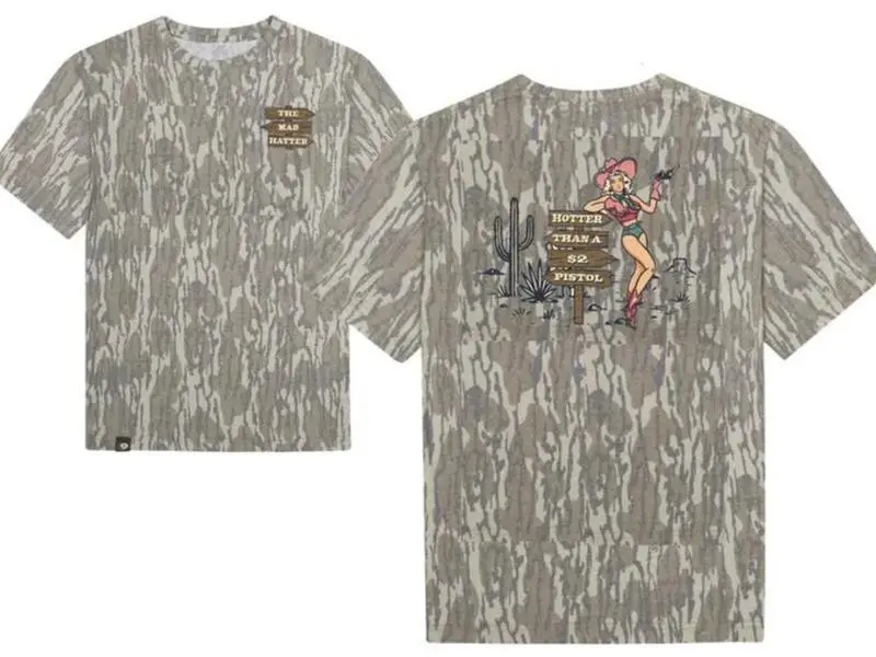 Hotter Than A Pistol Shirt, Camo Cowgirl Graphic Tee, Retro Mossy Oak Camouflage Top, Distressed Western Tshirt, Country Concert Clothing