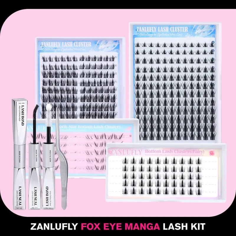 Zanlufly DIY Eyelash Extensions Kit for Adults - C Curly 10mm 0.05mm Lash Cluster, Clusters Lashes with Fox, Manga, Anime Styles & Doll Eye Effect (TikTok Shop Black Friday)