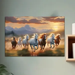 1 Piece Canvas Painting - Wooden Frame, 30x 20inch , Seven Lucky Horses, Wall Decoration, Bedroom, Living Room, Kitchen, Office, Cafe, Bar, Dormitory, Corridor Art Poster, Birthday Gift and Unique Holiday Gift