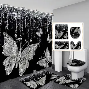 Creative Silver Bathroom Set, Lace Texture Butterfly Pattern, Shower Curtain, Toilet Seat Cover, Bath Mat, U-Shaped Pad, Home Decor