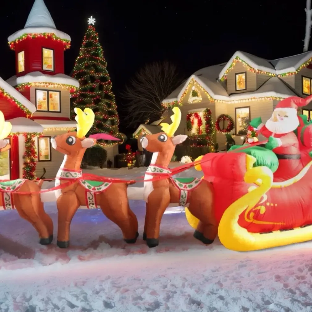 Inflatable Holiday Decor Christmas Inflatable Decoration 12 FT Long LED Lighted Santa on Yellow & Red Sleigh with Reindeers and Gift Boxes Blow up Outdoor Yard Decoration Garden Lawn Porch Xmas Holiday Party