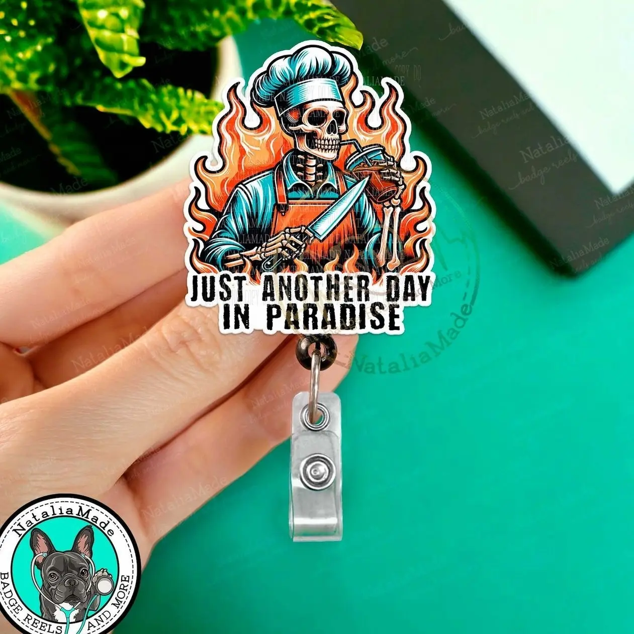 Funny Chef Server Badge Reel, Just Another Day In Paradise Retractable ID Clip, Heavy Duty Reel, Lanyard, Carabiner, Cafeteria Staff Gift
