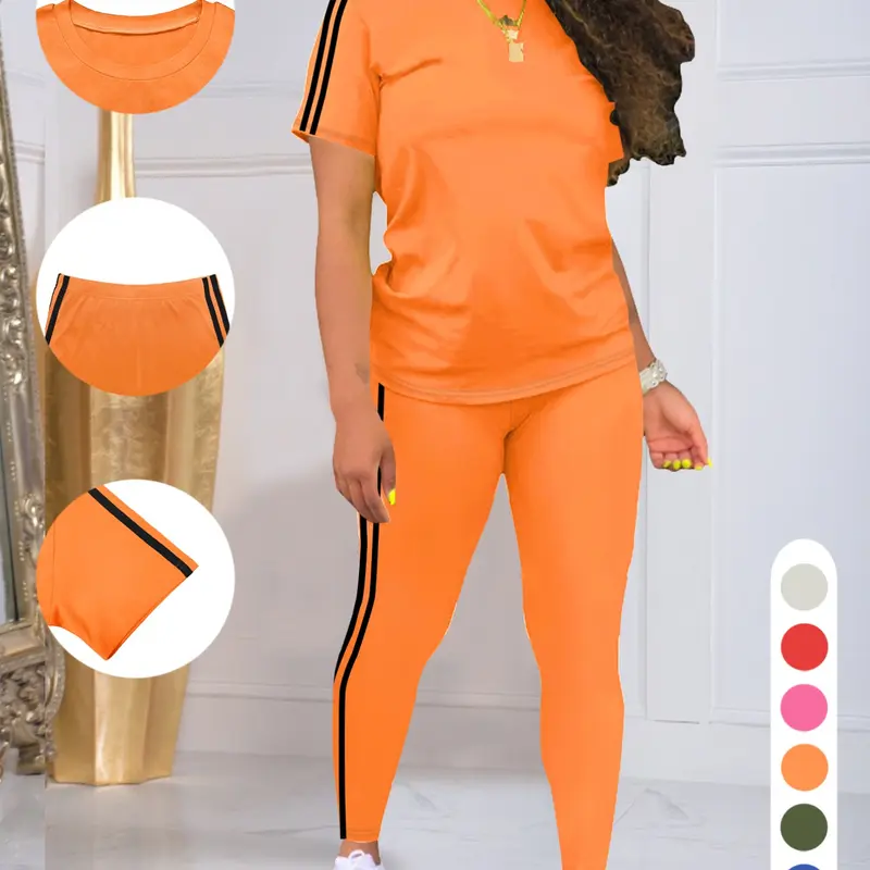 Women's Summer Sports Set, Short Sleeve T-Shirt + Leggings, Casual Sports Set, Workout Sets for Running, Fitness & Yoga Training, Multiple Colors Available