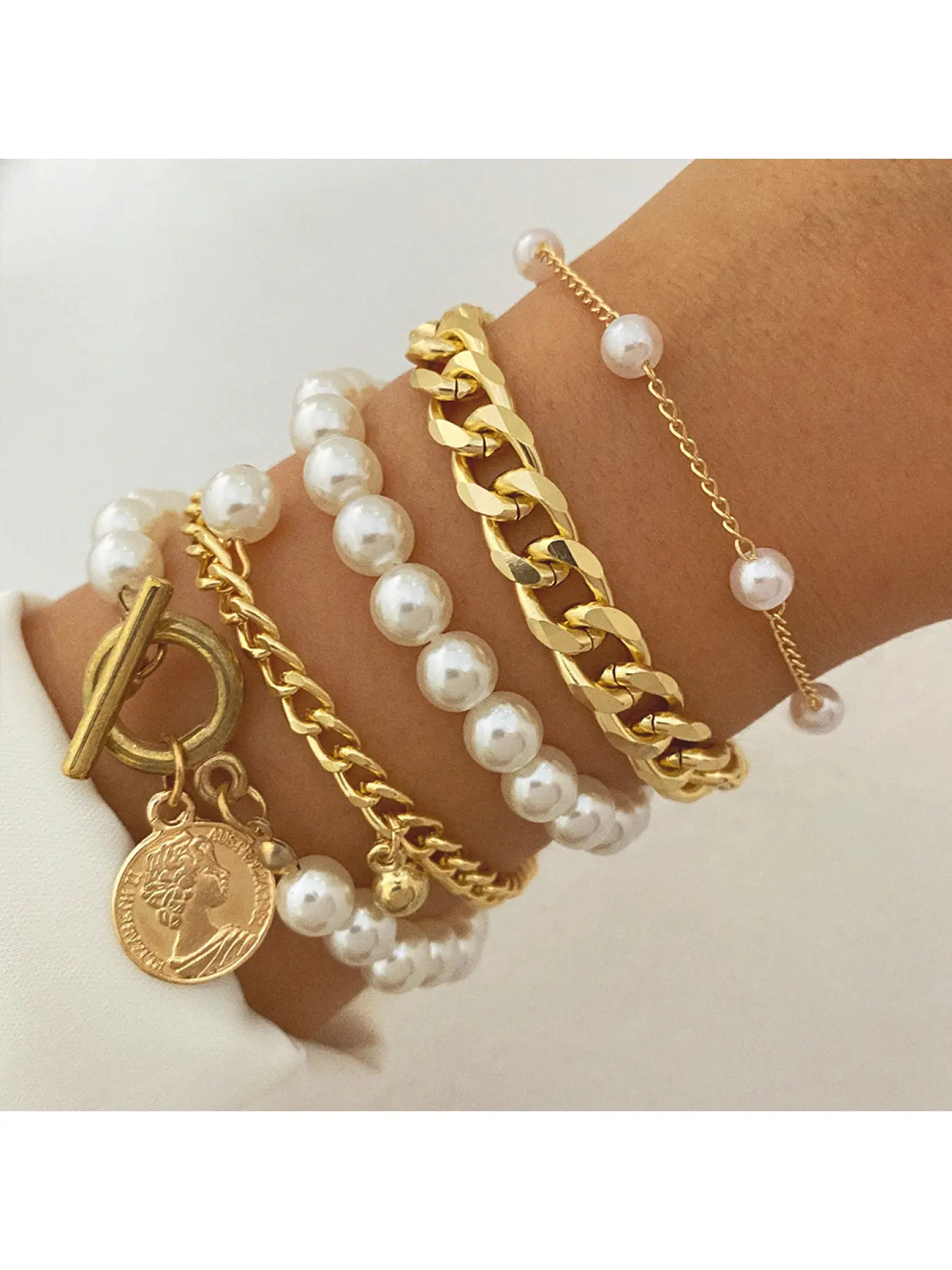 Multi-layer Pearl Cuban Chain Bracelet, Luxury Minimalist Versatile Design 5Pcs Hand Jewelry Set for Women
