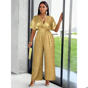 Pants Jumpsuit Drawstring Sleeve Bat, Commuting Suitable, Casual Elegant, Fabric Shiny Glossy Full Body Slayr SHEIN