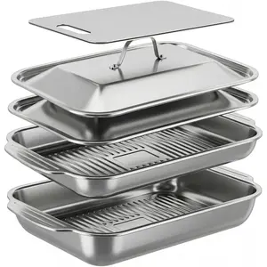 Grilling Prep and Serve Trays,Grill Carry System with Lid and Cutting Board, Stainless Large Capacity Food Prep Trays, Camping Gifts for Men, Marinade Container for BBQ Grill Accessories
